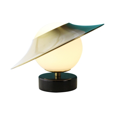 Milk Glass Spherical Night Lamp Modernist 1 Light Brass Task Lighting with Hat/Gong-Like Metal Shade