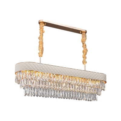 Modern 3-Tier Oblong Suspension Light 12-Head Clear Crystal Island Pendant with Leather Trim