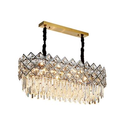 Oblong Dining Room Island Lighting Contemporary Cut Crystal 10 Heads Clear Pendant Light Fixture