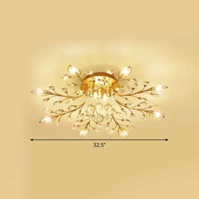 Simple Leaf Semi Flush Mount Light Crystal 5/8-Light Corridor Close to Ceiling Lighting in Gold with Sputnik Design