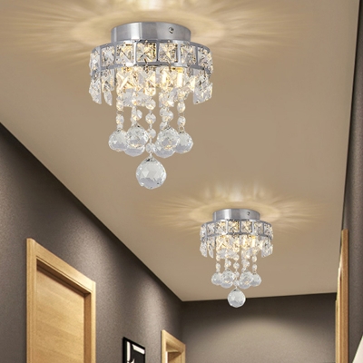 Single Semi Flush Light Fixture Modern Draping Small Clear Beveled Crystal Close to Ceiling Light