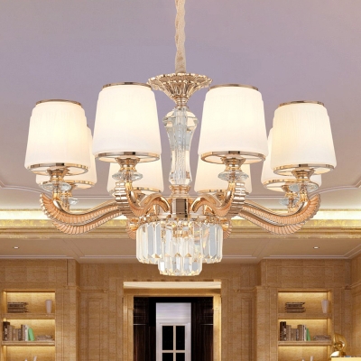 Tapered Shade Living Room Chandelier Lamp Traditional White Glass 6/8 Lights Gold Ceiling Pendant