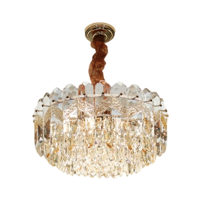 Tiered Hanging Pendant Light Modern Crystal Block 9 Heads Ceiling Chandelier in Smoke Gray/Champagne for Sleeping Room