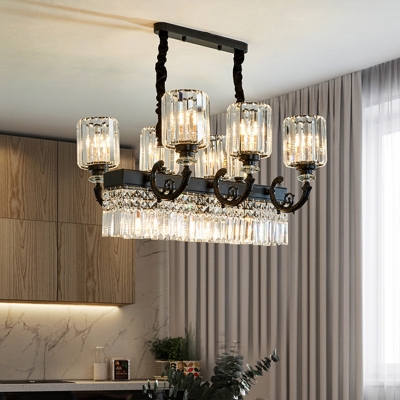 Translucent Crystal Cylindrical Ceiling Lamp Contemporary 9 Bulbs Black Island Chandelier Light for Kitchen