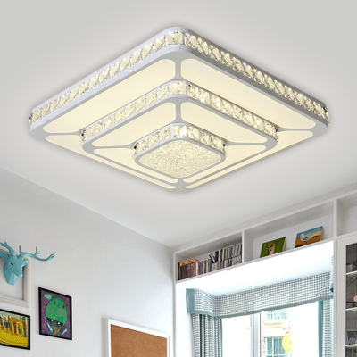 White Tiered Square Ceiling Lamp Modernity LED Crystal Flush Light Fixture in Warm/White Light for Bedroom