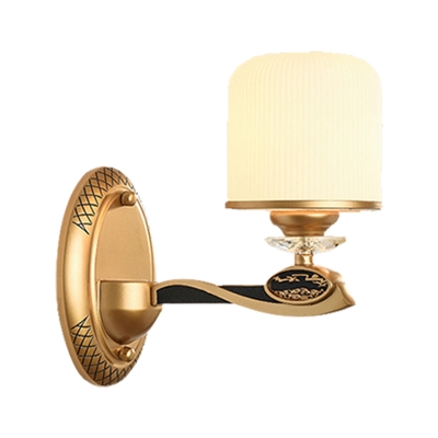 1/2-Bulb Cream Ribbed Glass Wall Lamp Antiqued Gold Cylinder Bedroom Wall Lighting Fixture