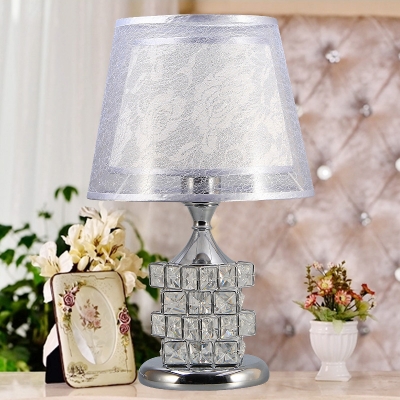 1 Bulb Night Lighting Classic Dual Cone Fabric Nightstand Lamp with Gold/Silver Crystal Cube Base