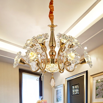 12-Head Flowers Ceiling Suspension Lamp Postmodern Gold Clear Crystal Hanging Chandelier