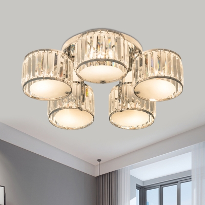 5/6 Heads Clear Crystal Semi Flush Contemporary Chrome Round Living Room Ceiling Mount Chandelier