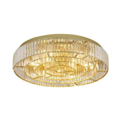 6-Head Bedroom Flush Light Fixture Modern Black/Gold LED Ceiling Lamp with Circular Faceted Crystal Shade