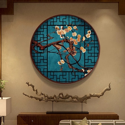 Acrylic Round Wall Mounted Lighting Asia Ginkgo and Butterfly/Plum Blossom LED Wall Mural Light Fixture in Blue