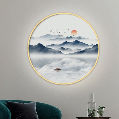 Asian Mountain and River LED Wall Lamp with Wood Shade Grey/Blue Round Surface Wall Mural Sconce in Warm/White Light