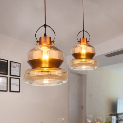 Brass 1 Light Pendant Lamp Antique Amber Glass Gourd/Schoolhouse/Mushroom Suspension Lighting Fixture