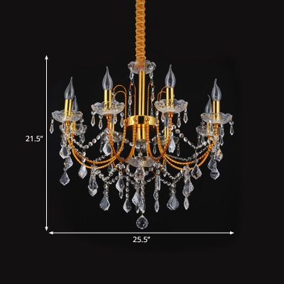 Candle Flame Pendant Lighting Modern Clear Crystal 5/7/9 Heads Dining Room Chandelier Light in Gold with Bobeche