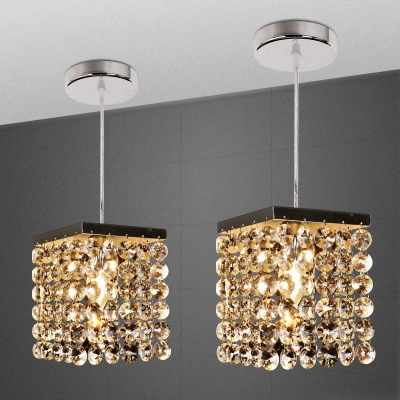 Cascade Down Lighting with Square Design Modern Crystal Strand 1 Light Chrome Pendant Lamp
