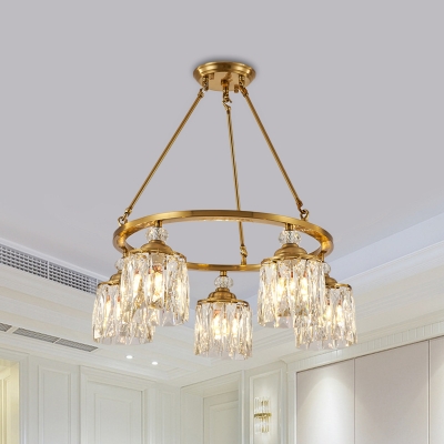 Clear Crystal Cylinder Drop Pendant Classic 5-Head Sitting Room Ring Chandelier Light Fixture in Gold