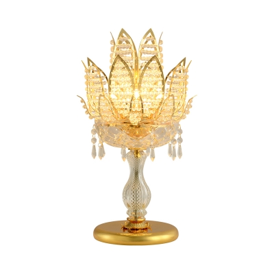 Clear Crystal Lotus Table Lamp Traditional 3 Bulbs Living Room Night Stand Light in Brass