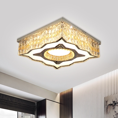 Contemporary Square LED Ceiling Lamp Beveled Crystal Flush Light Fixture with Wavy Edge in Stainless Steel