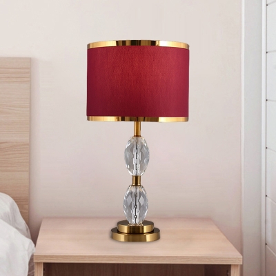 Crystal Oval Night Lighting Traditional 1-Light Bedroom Nightstand Lamp in Red/Beige with Drum Fabric Shade
