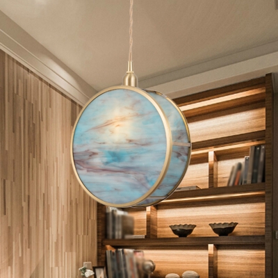 Drum Sleeping Room Ceiling Pendant Blue/Pink Glass 1 Head Modern Style Pendulum Light in Gold