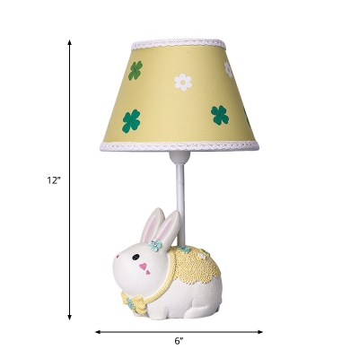 Fabric Cone Night Light Kids Style 1 Bulb Nightstand Lamp with Rabbit Base in Yellow