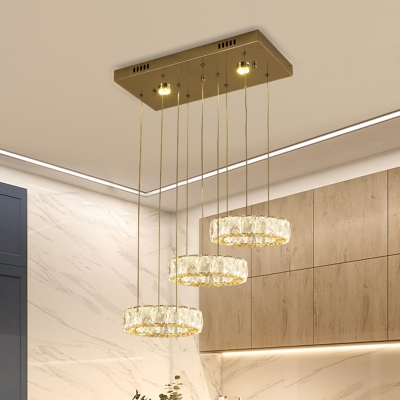 Faceted Crystal Drum Suspension Lighting LED Modern Multi Light Pendant Chandelier in Stainless-Steel for Restaurant