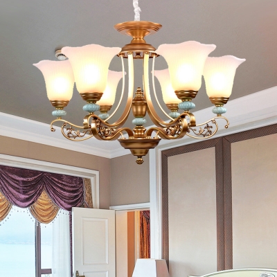 Ivory Glass Gold Hanging Chandelier Bell Flower 3/6/8 Bulbs Vintage Style Ceiling Pendant Light
