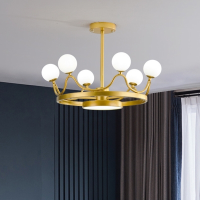 Kids Crown Flush Mount Fixture Metallic 6 Lights Bedroom Semi-Flush Ceiling Light with Globe Glass Shade in Gold