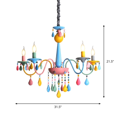 Kids Style Candle Suspension Pendant Metal 3/5/6 Lights Nursery Ceiling Chandelier in Pink-Yellow with Shade/Shadeless