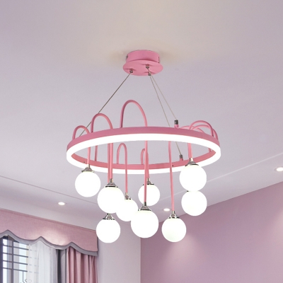 Macaron Ball Ceiling Chandelier White Glass 9-Light Children Room Suspension Lighting with Arc Arm in Pink