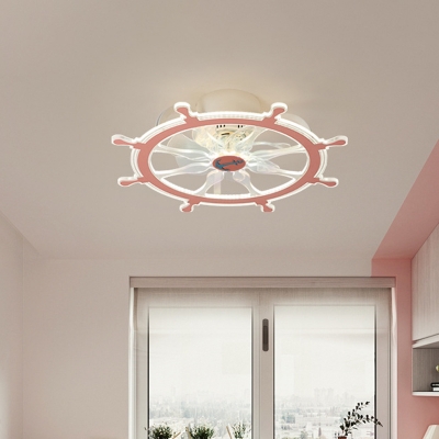 Metal Rudder Semi Flush Light Cartoon Pink/Blue LED Pendant Fan Lamp for Kids Bedroom, 23