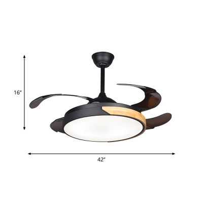 Metallic Circle 4 Blades Semi Flush Contemporary LED Hanging Fan Lamp in Black, 42