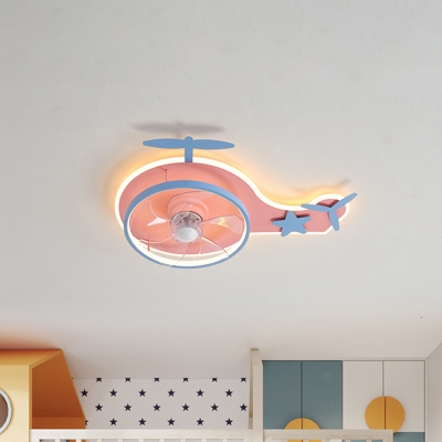 Modernist Helicopter Semi Flush Light Metal LED Bedroom Hanging Fan Lamp Fixture in Pink, 18