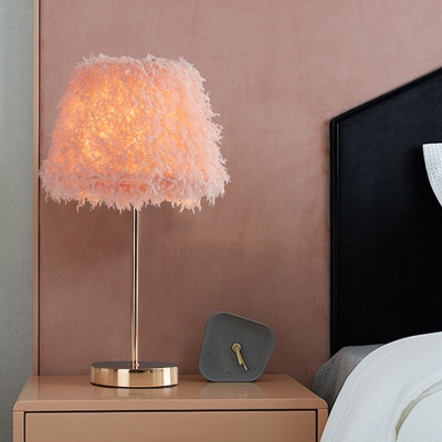 Nordic Style 1 Bulb Nightstand Lamp White/Gold Conical Task Lighting with White/Pink Feather Shade