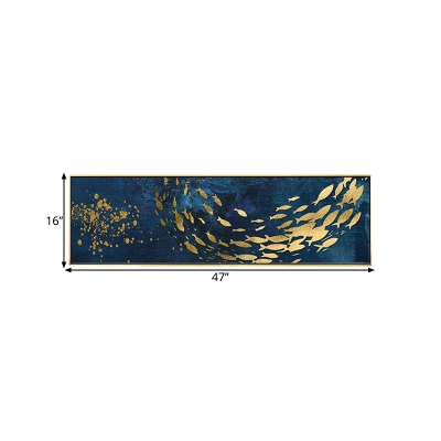 Rectangle Bedroom Wall Mural Mount Lamp Metal LED Asia Sconce in Blue with Shoal of Fish Pattern