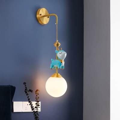 Resin Sika Deer Wall Mounted Lamp Modern 1-Light Wall Lighting Fixture with Global White Glass Shade in Blue