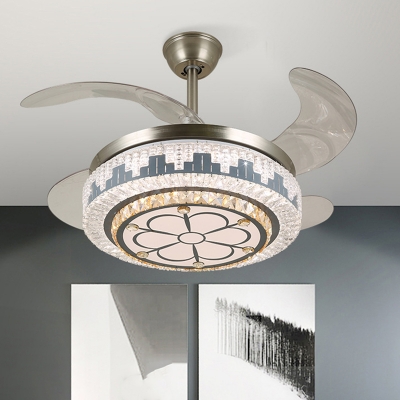 Stainless Steel LED Fan Light Fixture Modern Crystal Embedded Drum Semi Flush Mount Ceiling Light with 4 Blades, 19