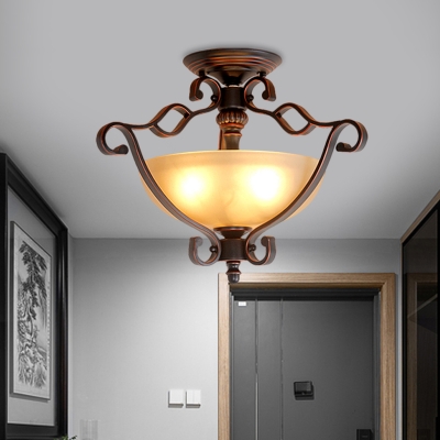 Traditional Bowl Semi Flush Light Fixture 3-Light Frosted Glass Ceiling Lamp with Wire Guard in Bronze