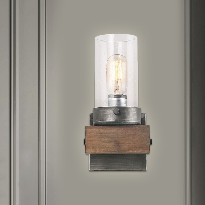 1/2-Bulb Cylinder Wall Mount Light Cottage Brown Transparent Glass Wall Sconce for Restaurant