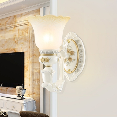 1/2-Bulb Milk Glass Wall Lighting Idea Traditional White Flower Shade Corner Wall Mounted Lamp