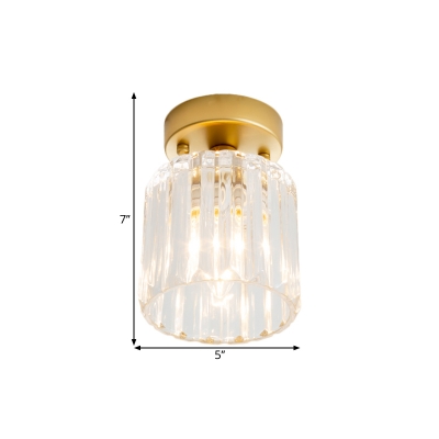 1 Bulb Prismatic Glass Ceiling Fixture Classic Brass Cylinder Corridor Flush Mount Light