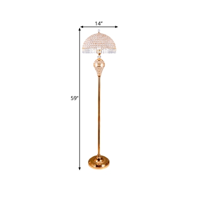 1 Head Floor Standing Lamp Domed Crystal Encrusted Floor Reading Light in Gold for Living Room