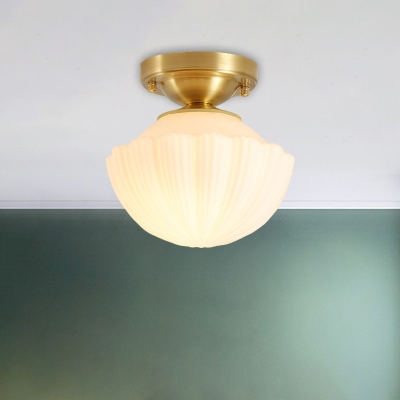 1-Light Scalloped/Dome/Flared/Floral Flushmount Traditional Brass Opaline Glass Ceiling Mounted Fixture
