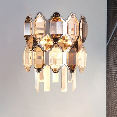2 Bulbs Half-Cylinder Flush Wall Sconce Modernist Clear Crystal Wall Mount Light