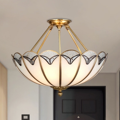 4-Light White Glass Flush Ceiling Light Colonial Brass Umbrella Living Room Semi Flush