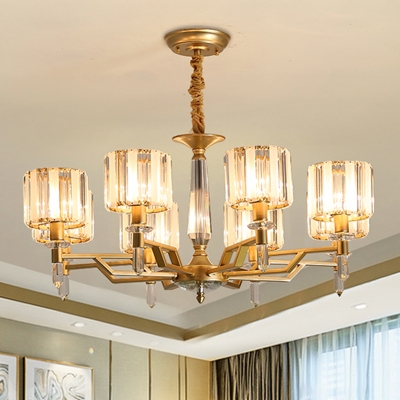 6/8-Bulb Cylindrical Chandelier Postmodern Gold Prismatic Crystal Hanging Ceiling Light for Living Room