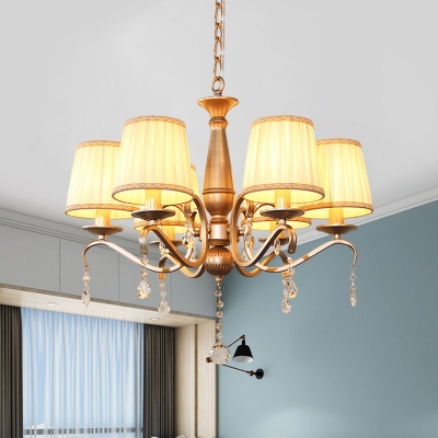 6-Bulb Chandelier with Candle Crystal Traditional Parlor Ceiling Suspension Lamp in Gold with Pleated Shade