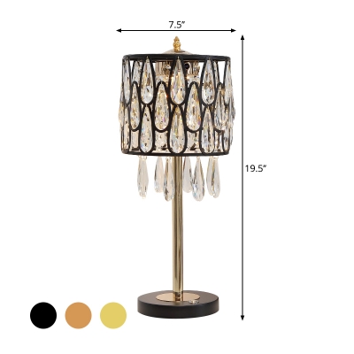 Black/Gold/Champagne Drum Desk Lamp Modern Style Crystal Drip LED Night Table Light for Study Room