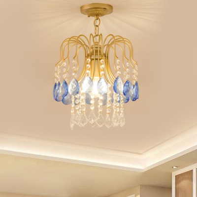 Blue and Amber Crystal Fringe Semi Flush Antiqued 1 Bulb Balcony Close to Ceiling Light in Gold