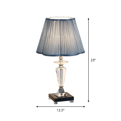 Blue Tapered Night Table Light Traditional Pleated Fabric Single Bedside Crystal-Font Nightstand Lamp